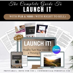 Könnte beinhalten: Werbung für ein digitales Produkt mit dem Titel "The Complete Guide To LAUNCH IT". Das Bild zeigt einen Computer, ein Tablet und ein Telefon, die den Inhalt des Produkts anzeigen, sowie gedruckte Seiten. Der Text enthält "WITH PLR & MRR", "BEST SELLER" und "PRINTABLE".