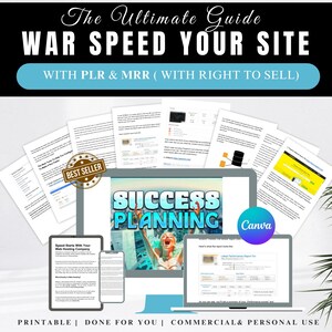 Może przedstawiać: Cyfrowy przewodnik marketingowy zatytułowany "The Ultimate Guide WAR SPEED YOUR SITE" z tekstem "WITH PLR & MRR (WITH RIGHT TO SELL)". Obraz zawiera komputer, tablet i telefon wyświetlające dokumenty i słowa "SUCCESS PLANNING". Obraz zawiera również tekst "PRINTABLE | DONE FOR YOU | COMMERCIAL & PERSONAL USE".