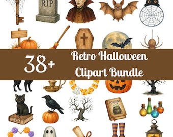 Retro Halloween Clipart Bundle: Vintage Spooky Graphics (PNG, PDF Digital Download