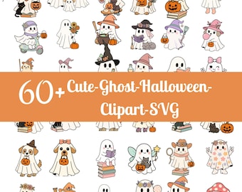 60 söta Halloween-clipart | Kawaii-spöken, pumpor (PNG, PDF)