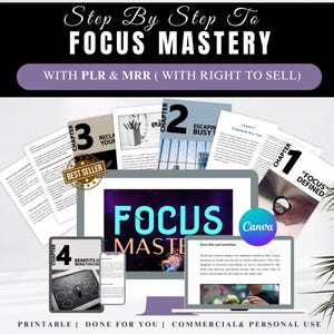 Pode incluir: Produto digital intitulado "Step By Step To Focus Mastery" com o texto "WITH PLR & MRR (WITH RIGHT TO SELL)". A imagem inclui um laptop, tablet e telefone exibindo conteúdo, juntamente com páginas impressas. A palavra "FOCUS" é exibida de forma proeminente.