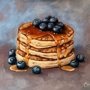 Pancakes Still Life Oil Painting: Honey & Blueberries, Kitchen Art
