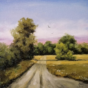 Original oil painting Landscape on canvas board Evening road and sky Countryside painting