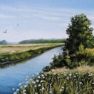 Summer river landscape Original oil painting Blue sky Field and white flowers Blue sky