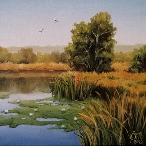 Original oil painting Landscape on canvas board Evening lake