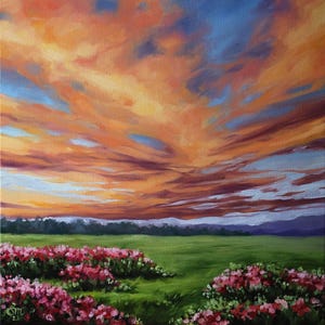Original Oil Painting on Canvas: Sunset Evening Clouds Landscape