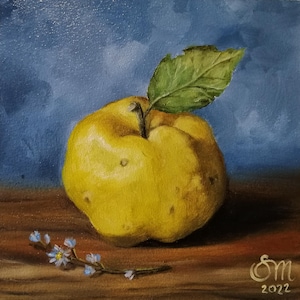 Apple original still life painting Fruits art for kitchen Small painting Green painting Little flower