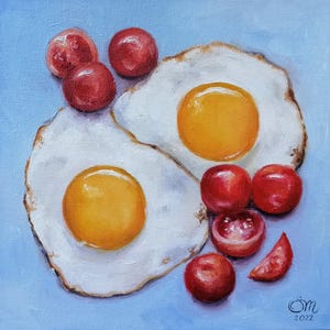 Fried Eggs Oil Painting: Still Life Food Art, Kitchen Decor
