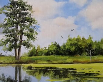 Landscape original oil painting Lake and trees art Beautiful sky White clouds Small painting