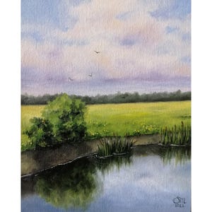 Original oil painting Landscape on canvas board Evening river