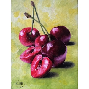 Cherry original still life painting Food oil art for kitchen Small painting