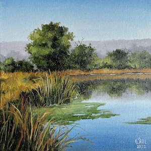 Original oil painting Landscape on canvas board Evening lake