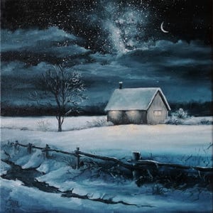 Original winter painting Landscape original evening art Snow during night painting on canvas