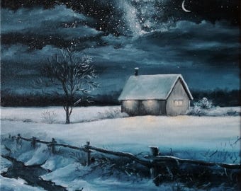 Original Winter Night Oil Painting: Impressionistic Snow Landscape