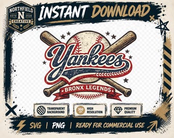 Immagine SVG vintage dei New York Yankees del Bronx, leggende del baseball, grafica retrò di New York (download immediato)
