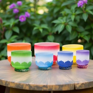 Juego de cuencos tibetanos de cristal de cuarzo de 432 Hz para chakras: diseño de loto, mazos y bolsas