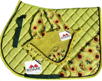 Sunflower English Saddle Pad Set with Bonnet: Cheerful Equestrian Riding Set