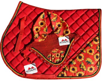 Sunflower English Saddle Pad Set with Bonnet: Cheerful Equestrian Riding Set.