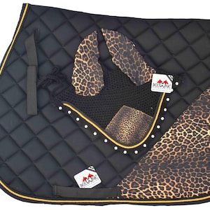 LEOPARD-MATCHING-FLY English Saddle Pad Set with Matching Bonnet Equestrian Gift, Horse Tack, Bright Floral Riding Set.