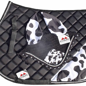 Cow Print English Saddle Pad Set with Floral Bonnet: Equestrian Style