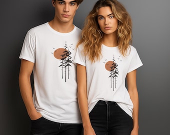 オーガニックコットン フォレストサンセットTシャツ：環境に優しい自然Tシャツ、DDP関税なし