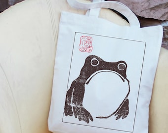 Unimpressed Frog Tote Bag: Japanese Art Recycled Cotton Eco Bag, DDP No Customs Fees