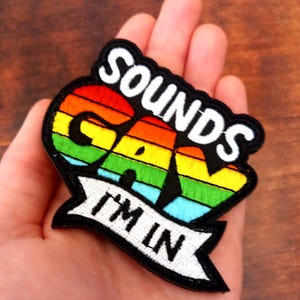 Könnte beinhalten: Ein farbenfroher Aufnäher mit den Worten "SOUNDS GAY I'M IN" in weißen Buchstaben. Das Wort "GAY" ist in Regenbogenfarben gehalten. Der Aufnäher hat einen schwarzen Rand und wird in einer Hand gehalten.