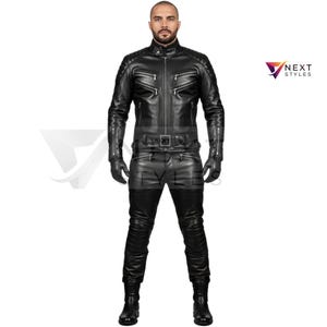 Black Leather Costume Set Rogue Trench Slim Pants Urban Warrior Cosplay Shadow Rebel Leather Ensemble Tactical Jacket Pant Edgy Cosplay Wear