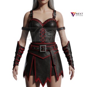 Gothic Warrior Leather Costume-Gothic Battle Style-Handmade Fantasy Armor Dress-Handmade Gothic LARP Dress -Red Stitched Cosplay Outfit