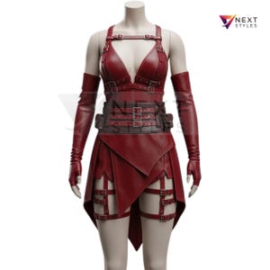 Red  Leather Harness Dress – Buckled Gothic Corset Style-Steampunk Corset Harness Dress-Red Gothic Cosplay Dress-Cosplay Statement Piece
