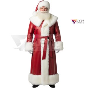 Santa Claus Fantasy Coat – Red with White Faux Fur Trim Holiday Costume Cosplay Wear Custom Fit-Red Santa Cosplay Coat Fur Trim Belt and Hat