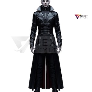Gothic Black Leather Trench Coat-Steampunk Long Leather Coat-Handmade Buckled Trench Coat-Black Steampunk Costume Coat-