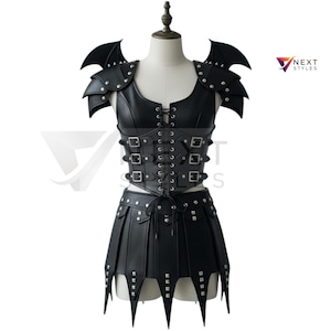 Gothic Black Leather Armor Dress with Bat-Wing Shoulders Silver Studs | Corset Waist Custom Fantasy Cosplay Wear-Stage Dress Bat-Wing Corset