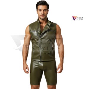 Men&#39;s Olive Green Leather Biker Vest & Shorts Set: Cosplay Festival Outfit