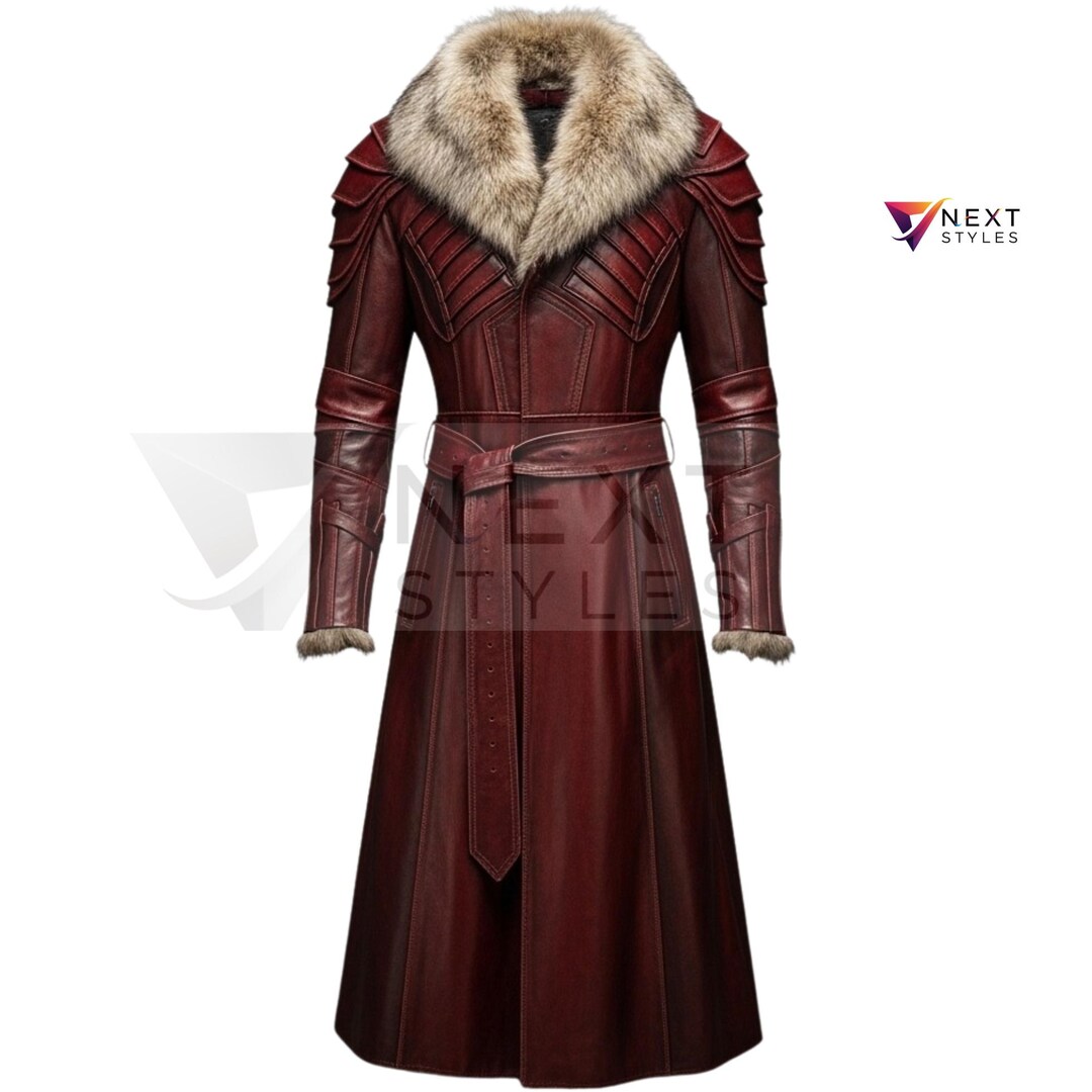 Dark Red Leather Fantasy Coat: Fur Collar, Armor Shoulders, Corset Back ...