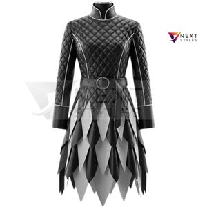Midnight Petal Dress –Gothic Fantasy Layered Elegance with Belted Waist White Piped-Gothic Elegance- Black Petal Dress with Belt Piped Trim-