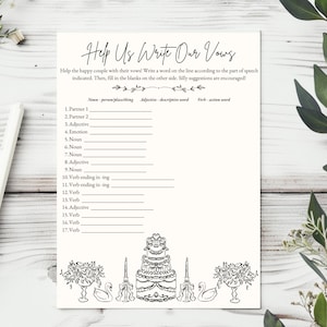 Puede incluir: Una hoja de juego de votos de boda con el texto "Help Us Write Our Vows". La hoja tiene indicaciones para rellenar espacios en blanco para sustantivos, adjetivos y verbos. Los elementos decorativos incluyen un pastel, flores y cisnes.