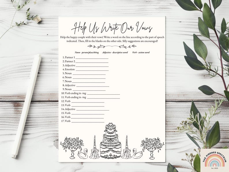 Puede incluir: Una hoja de juego de votos de boda con el texto "Help Us Write Our Vows". La hoja tiene indicaciones para rellenar espacios en blanco para sustantivos, adjetivos y verbos. Los elementos decorativos incluyen un pastel, flores y cisnes.