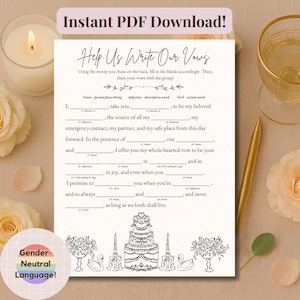 Puede incluir: Una plantilla para rellenar votos matrimoniales con el texto "Help Us Write Our Vows". El dise&ntilde;o incluye detalles florales y de velas, un bol&iacute;grafo dorado y un vaso de l&iacute;quido. Las palabras "Instant PDF Download!" est&aacute;n en la parte superior.