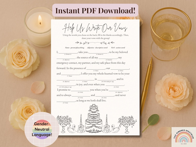 Puede incluir: Una plantilla para rellenar votos matrimoniales con el texto "Help Us Write Our Vows". El dise&ntilde;o incluye detalles florales y de velas, un bol&iacute;grafo dorado y un vaso de l&iacute;quido. Las palabras "Instant PDF Download!" est&aacute;n en la parte superior.