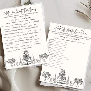 Puede incluir: Dos tarjetas blancas con el texto "Help Us Write Our Vows" en escritura negra. Las tarjetas tienen indicaciones para rellenar los votos matrimoniales, con ilustraciones decorativas de una tarta, flores y cisnes. El logotipo de Kindred Spectrum es visible.