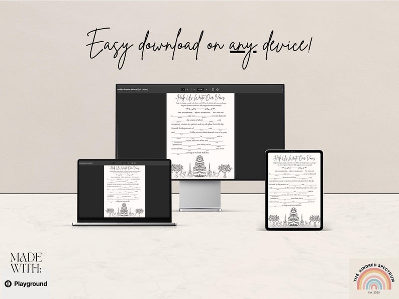 Puede incluir: Un cuestionario de boda digital que se muestra en una computadora port&aacute;til, un monitor de escritorio y una tableta. El texto "Easy download on any device!" est&aacute; escrito encima de las pantallas. El cuestionario se titula "Help Us Write Our Vows".