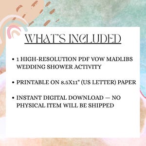 Puede incluir: Gr&aacute;fico de descarga digital con texto "WHAT'S INCLUDED" y vi&ntilde;etas: 1 PDF Vow Madlibs para actividad de despedida de soltera, imprimible en papel A4. El fondo tiene colores pastel y un arco&iacute;ris.