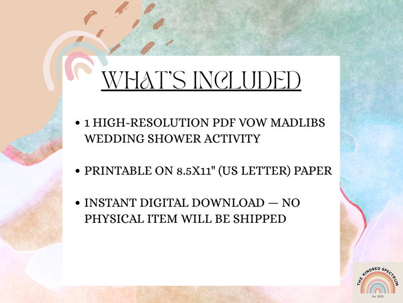 Puede incluir: Gr&aacute;fico de descarga digital con texto "WHAT'S INCLUDED" y vi&ntilde;etas: 1 PDF Vow Madlibs para actividad de despedida de soltera, imprimible en papel A4. El fondo tiene colores pastel y un arco&iacute;ris.