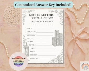 Puede incluir: Un juego de búsqueda de palabras titulado "Love in Letters: Ariel & Chloe" con una clave de respuestas personalizable. El diseño incluye ilustraciones florales y de libros, con el texto "Personalize It! LGBTQIA+ Friendly!" en un gráfico circular.