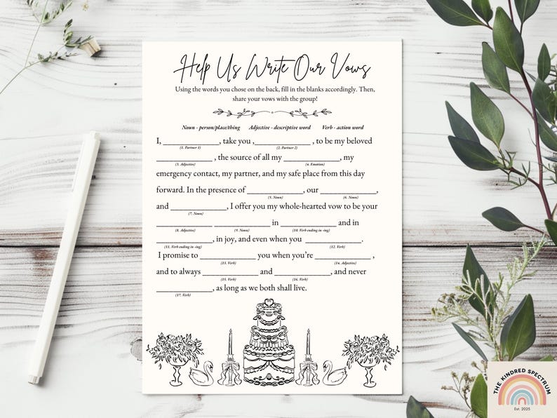 Puede incluir: Una plantilla de votos matrimoniales con espacios en blanco, con el texto "Help Us Write Our Vows". El dise&ntilde;o incluye ilustraciones florales y de pasteles. Un bol&iacute;grafo blanco descansa en la esquina superior izquierda. El texto es negro sobre fondo blanquecino.