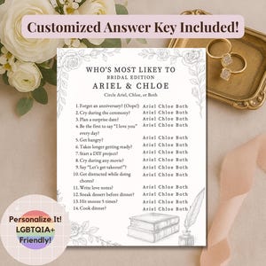 May include: A bridal shower game card with the text "Who's Most Likely To" featuring the names Ariel & Chloe. The card is decorated with floral illustrations and includes a customized answer key. A gold tray with rings and a pink ribbon are in the background.