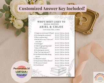 Puede incluir: Una tarjeta de juego de despedida de soltera con el texto "Who's Most Likely To" con los nombres Ariel & Chloe. La tarjeta está decorada con ilustraciones florales e incluye una clave de respuesta personalizada. Una bandeja dorada con anillos y una cinta rosa están en el fondo.