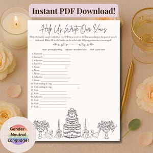Puede incluir: Un juego de escritura de votos de boda con el texto "Help Us Write Our Vows". El juego incluye indicaciones para completar los espacios en blanco de sustantivos, adjetivos y verbos. La imagen tambi&eacute;n presenta una vela, flores, un vaso de l&iacute;quido y un bol&iacute;grafo dorado.