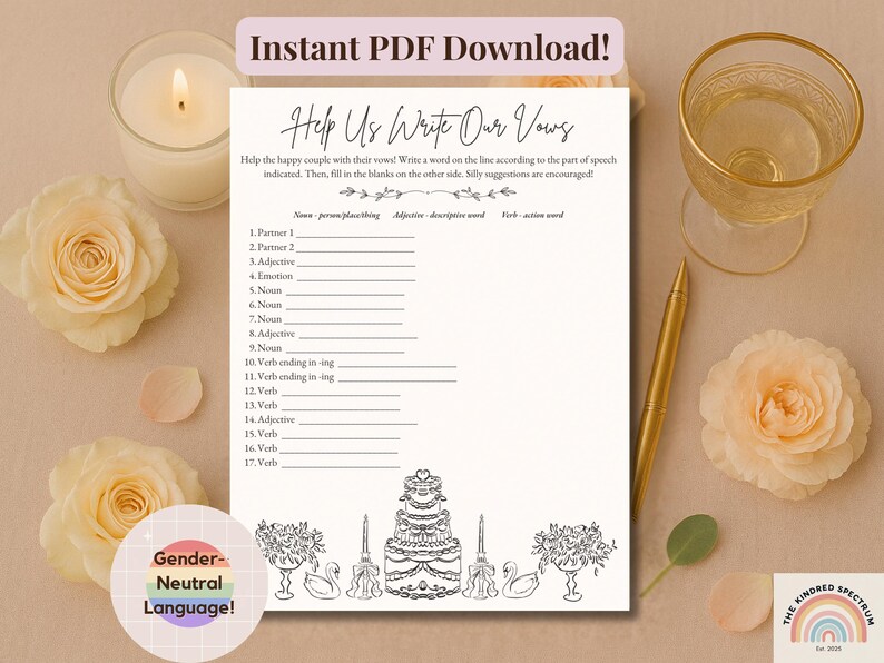 Puede incluir: Un juego de escritura de votos de boda con el texto "Help Us Write Our Vows". El juego incluye indicaciones para completar los espacios en blanco de sustantivos, adjetivos y verbos. La imagen tambi&eacute;n presenta una vela, flores, un vaso de l&iacute;quido y un bol&iacute;grafo dorado.